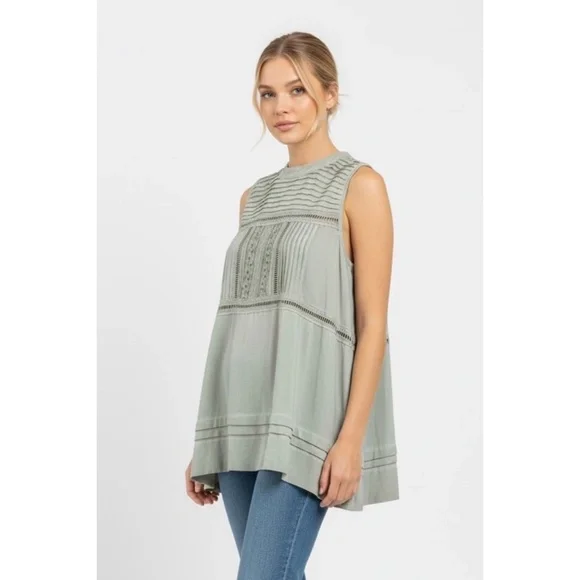 POL Sage Green Sleeveless Boho Blouse | Lace Trim Relaxed Fit Top - Picture 2 of 5